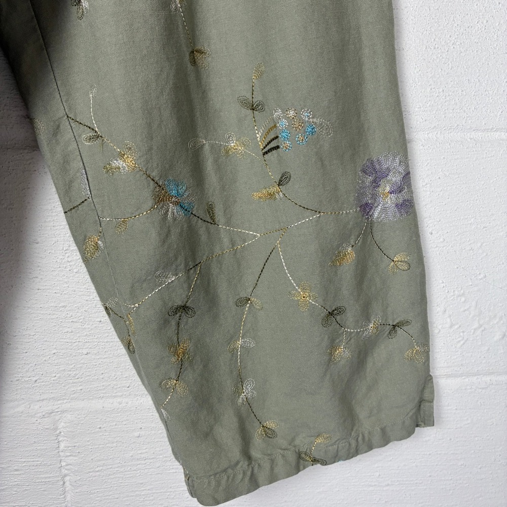 Vintage Pull On Linen Floral Embroidered Wide Leg Cropped Pant Size M Green - Picture 6 of 15